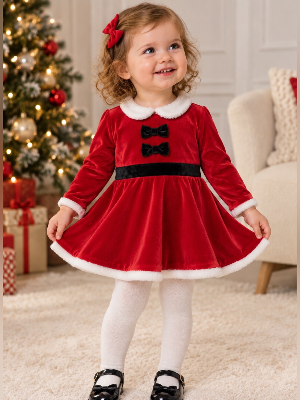 George Baby Santa Christmas Velvet Dress – 12-18M Red White